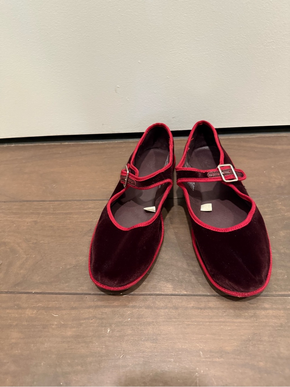 Universal Thread Burgundy Velvet Mary Jane Flats with Red Trim